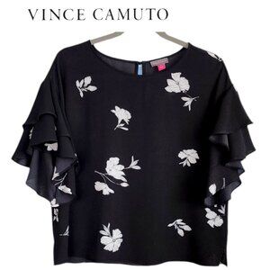 Vince Camuto S Short Sleeve Top Blouse Floral Black and White